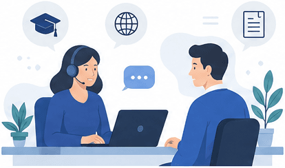 Illustration of a counsellor guiding a student through study-abroad options
